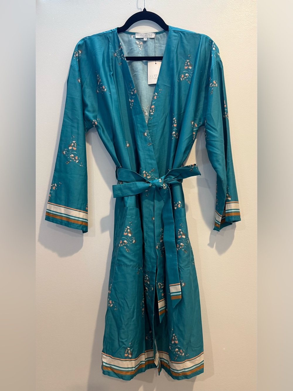 NWT Laurence Tavernier 100% Cotton Kimono Robe Blue Floral Oriental Sz M